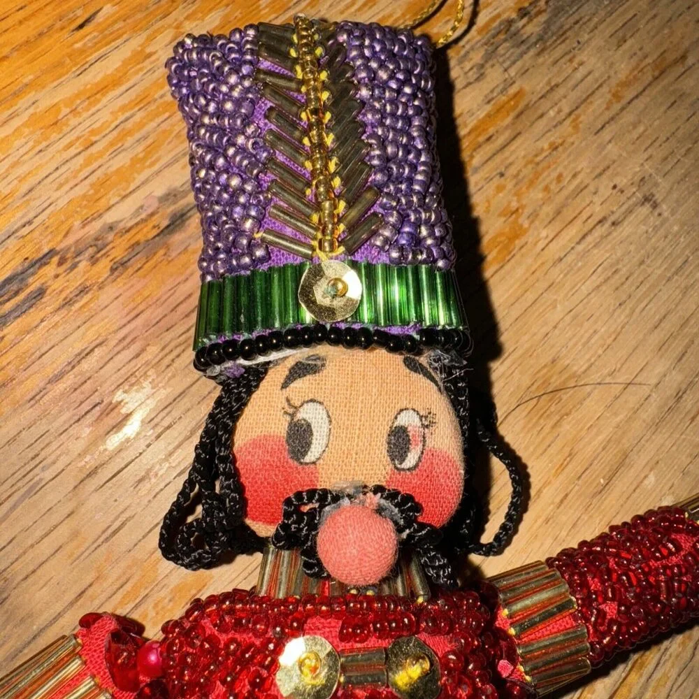 Vintage Nutcracker Cloth Face & Beaded Soldier Ornament 8”‎